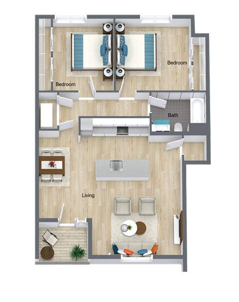 Floor plan for 2 beds, 1 bath, 936 sqft